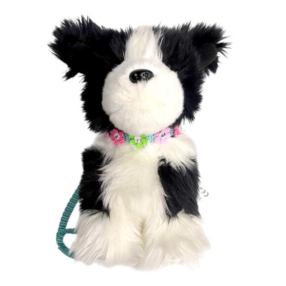 American Girl Sheep Dog Pet Plush Flower Collar Leash Black White Faux Fur Puppy - Picture 11 of 13